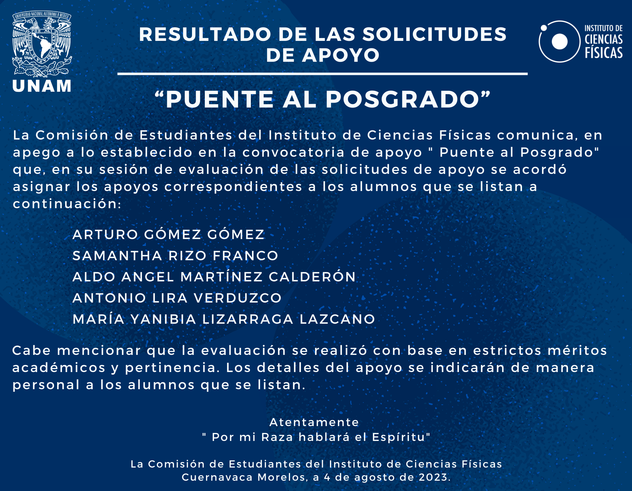 Resultado de las solicitudes de apoyo " Puente al Posgrado"