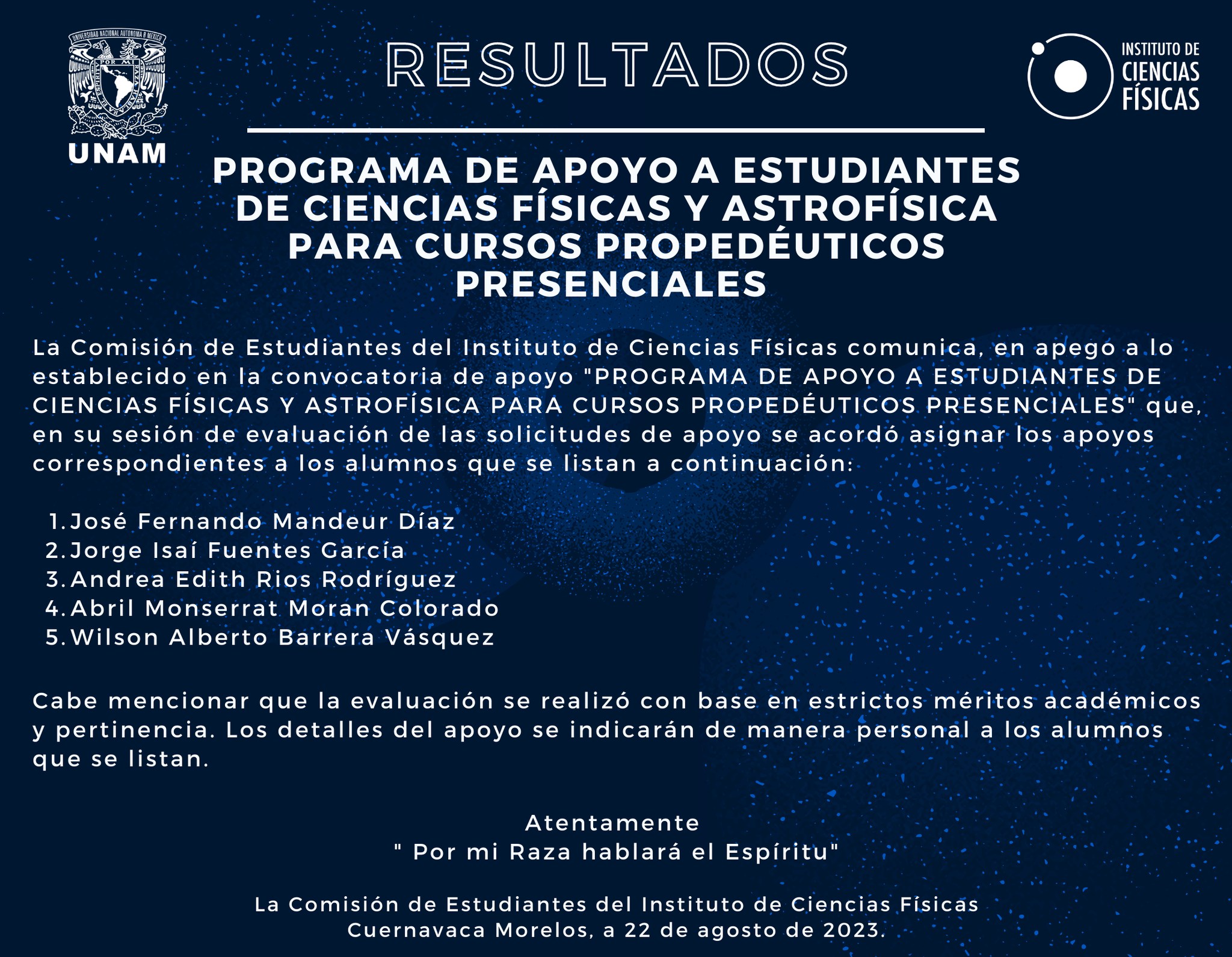 PROGRAMA DE APOYO A ESTUDIANTES DE CIENCIAS FÍSICAS Y ASTROFÍSICA PARA CURSOS PROPEDÉUTICOS PRESENCIALES